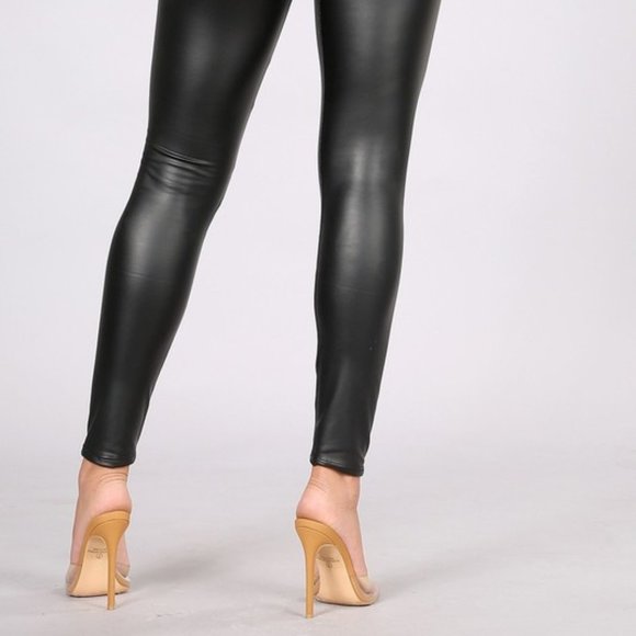 CEMI CERI High Waist Faux Leather Fleece Leggings Chocolate Burgundy Black - Picture 8 of 13